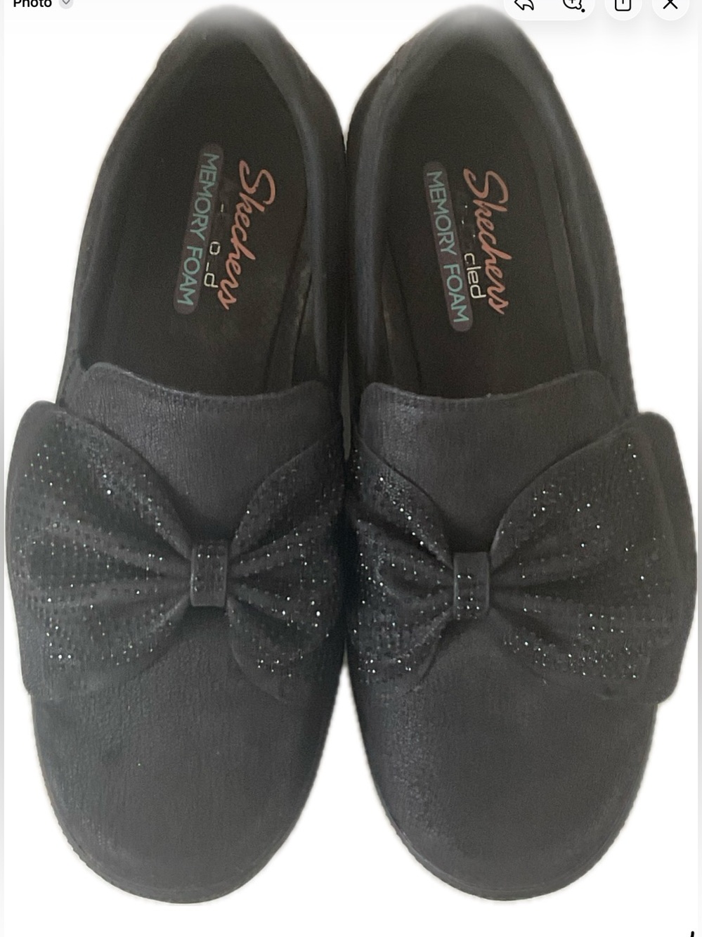 ***Skechers ***Black Slip-On Flats Oversized bow with Sparkle Detail